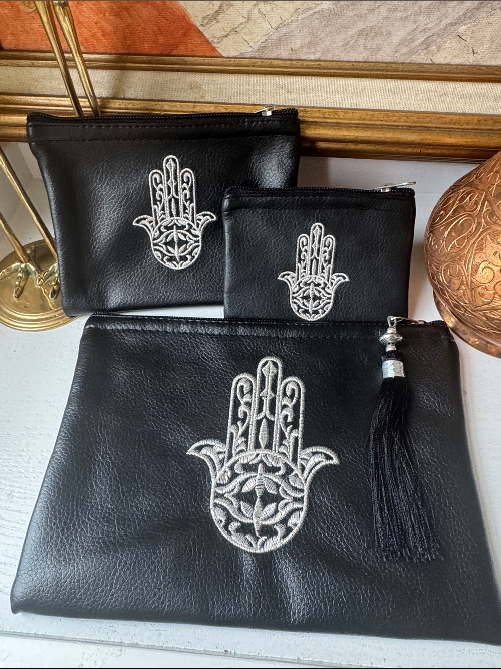 3 Boho chic Hamsa Hand Embroidered Pouch Set - Travel Organizer Clutch Makeup
